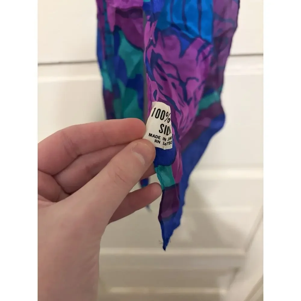 Vintage 100% Silk Scarf Blue And Purple Floral 56x11”